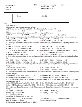 Đề thi Kiểm tra 1 tiết môn học  Hóa học lớp 8